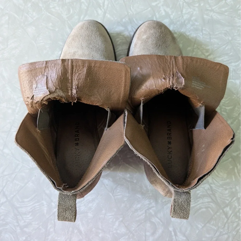 Lucky Brand Yosiana Taupe Suede Wedge Ankle Boots Womens Sz 8‎ Round Toe Booties